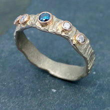 Load image into Gallery viewer, Textured Bark: Blue and White Diamonds/Palladium White Gold Ring