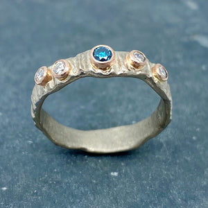 Textured Bark: Blue and White Diamonds/Palladium White Gold Ring