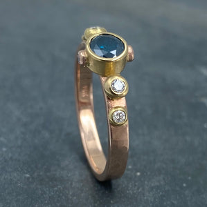 Contemporary Classical: Blue and White Diamonds Rose Gold Ring