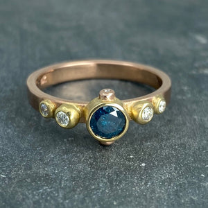 Contemporary Classical: Blue and White Diamonds Rose Gold Ring