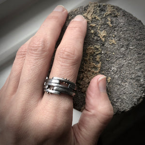 Pavement Layers: Sterling Silver and Yellow Gold Rivets Ring