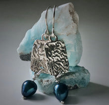 Load image into Gallery viewer, Sea Level: Rectangular Ripple/Blue Pearl Drop Earrings