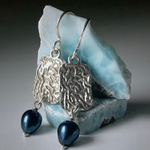 Load image into Gallery viewer, Sea Level: Rectangular Ripple/Blue Pearl Drop Earrings