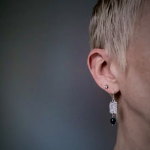 Load image into Gallery viewer, Sea Level: Rectangular Ripple/Blue Pearl Drop Earrings