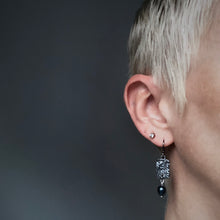 Load image into Gallery viewer, Sea Level: Rectangular Ripple/Blue Pearl Drop Earrings