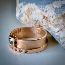 Load image into Gallery viewer, Rounded Rectangle: Blue Diamonds in Rose Gold Ring