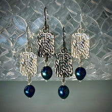 Load image into Gallery viewer, Sea Level: Rectangular Ripple/Blue Pearl Drop Earrings
