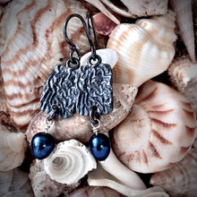 Load image into Gallery viewer, Sea Level: Rectangular Ripple/Blue Pearl Drop Earrings