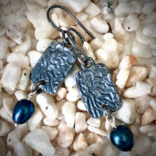 Load image into Gallery viewer, Sea Level: Rectangular Ripple/Blue Pearl Drop Earrings
