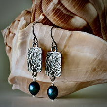 Load image into Gallery viewer, Sea Level: Rectangular Ripple/Blue Pearl Drop Earrings