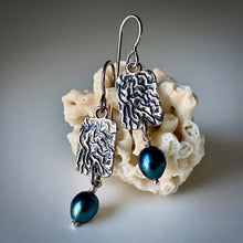 Load image into Gallery viewer, Sea Level: Rectangular Ripple/Blue Pearl Drop Earrings