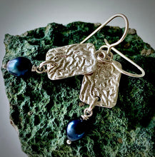 Load image into Gallery viewer, Sea Level: Rectangular Ripple/Blue Pearl Drop Earrings