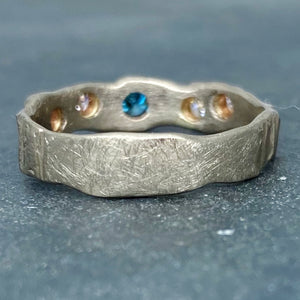 Textured Bark: Blue and White Diamonds/Palladium White Gold Ring