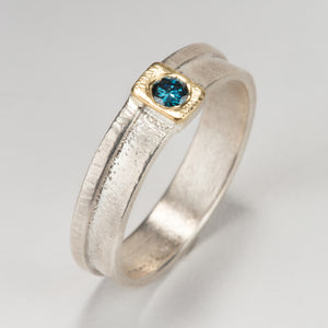 Rounded Rectangle: Blue Diamond Sterling Silver Ring