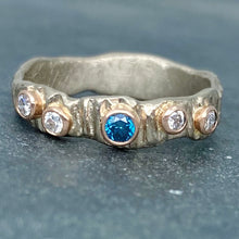 Load image into Gallery viewer, Textured Bark: Blue and White Diamonds/Palladium White Gold Ring
