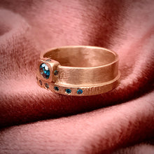 Load image into Gallery viewer, Rounded Rectangle: Blue Diamonds in Rose Gold Ring
