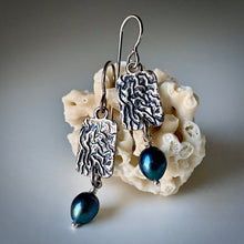 Load image into Gallery viewer, Sea Level: Rectangular Ripple/Blue Pearl Drop Earrings
